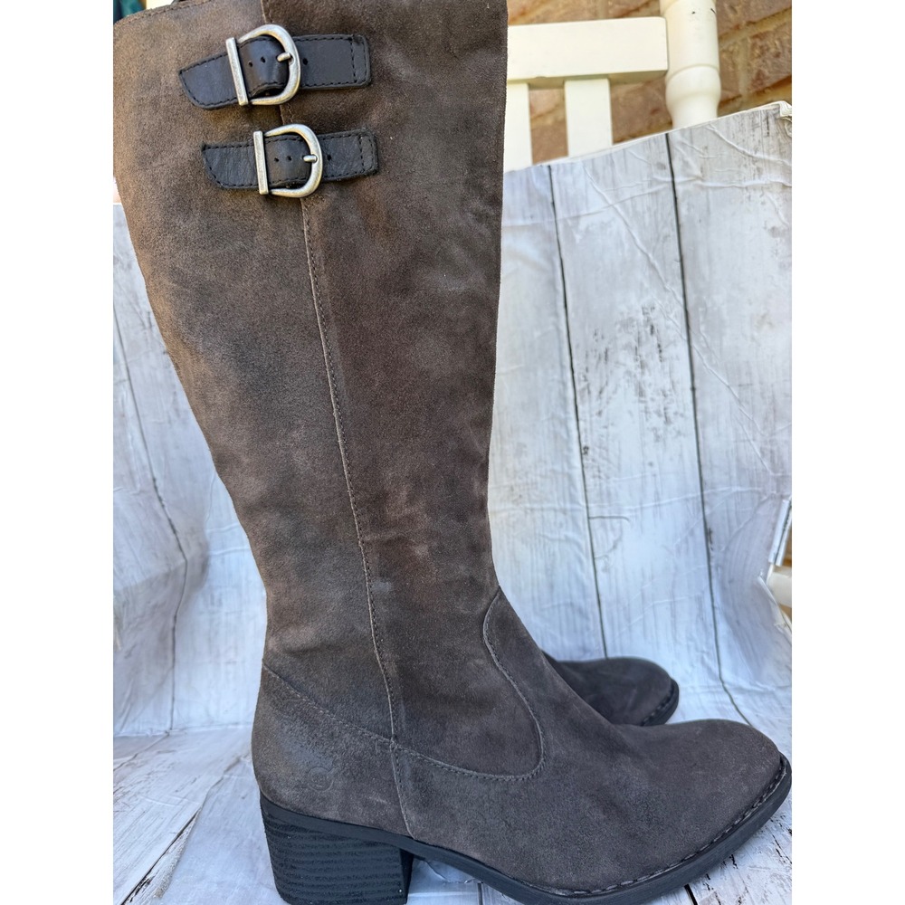 Born Womens Tall Suede Boots Dark Grey Taupe Buckle Side Zip Block Heel